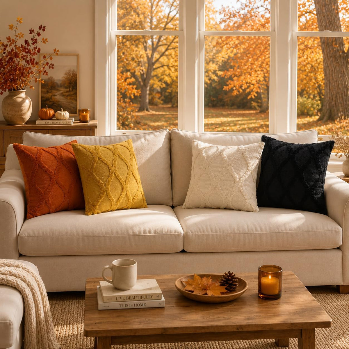 decorUhome Fall Throw Pillow Covers 18x18 Inch Set of 2, Soft Plush Faux Fur Wool Rust Couch Pillow Covers, Decorative Neutral Pillow Cases for Bed Sofa Living Room Home Decor