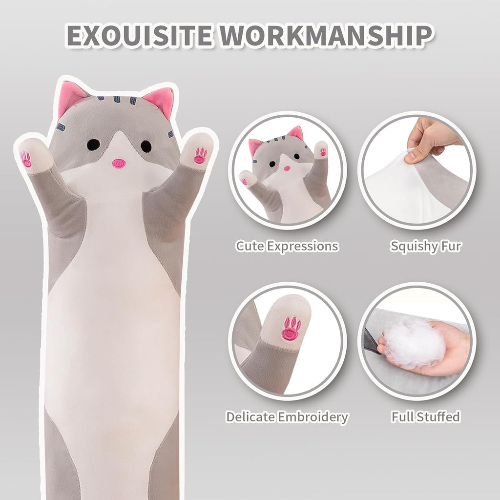 Shangman Long Cat Plush Pillow Stuffed Animal Toy Gift for Kids Grey 19.6in