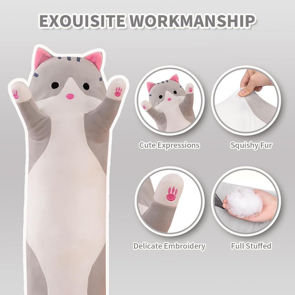 Shangman Long Cat Plush Pillow Stuffed Animal Toy Gift for Kids Grey 19.6in
