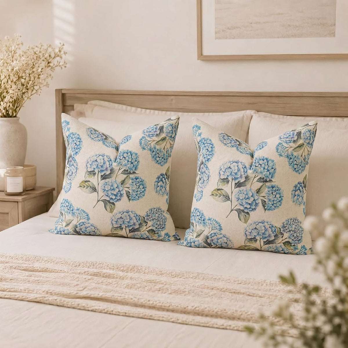 GEEORY Hydrangea Floral Throw Pillow Covers Set of 2, 18x18, Blue