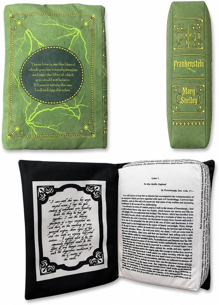 Frankenstein Book Pillow, 9-Inch Openable Memory Foam Throw Pillow, Book-Shaped Plush Cushion with Printed Page, Gothic Halloween Decor for Couch, Bed and Bookshelf, Gift for Horror Fans