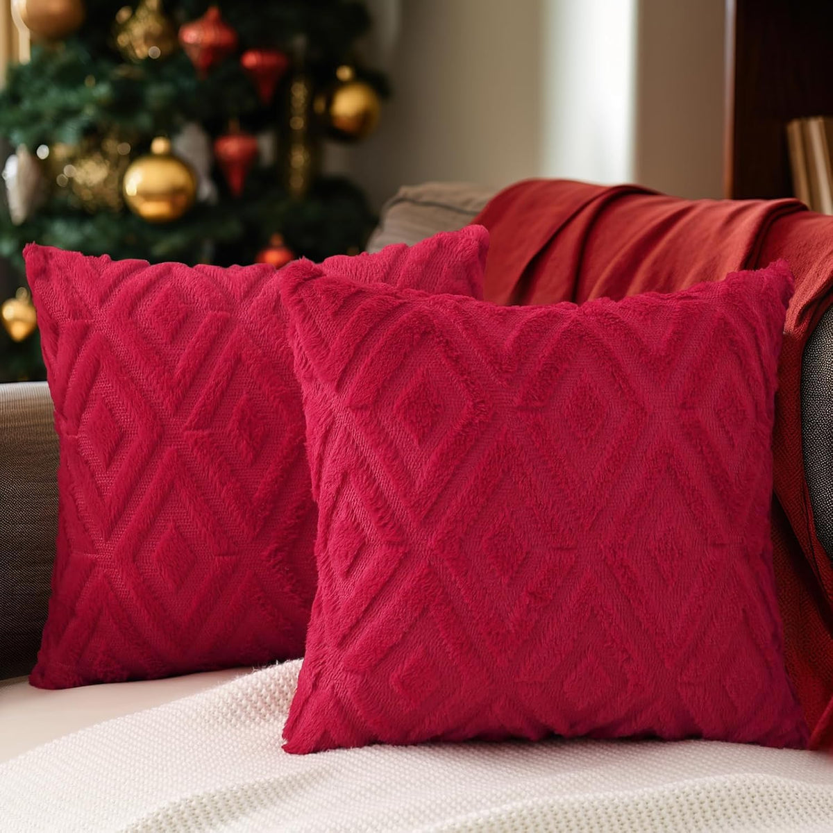 Pallene Fall Cream White Faux Fur Throw Pillow Covers 18x18 Set of 2