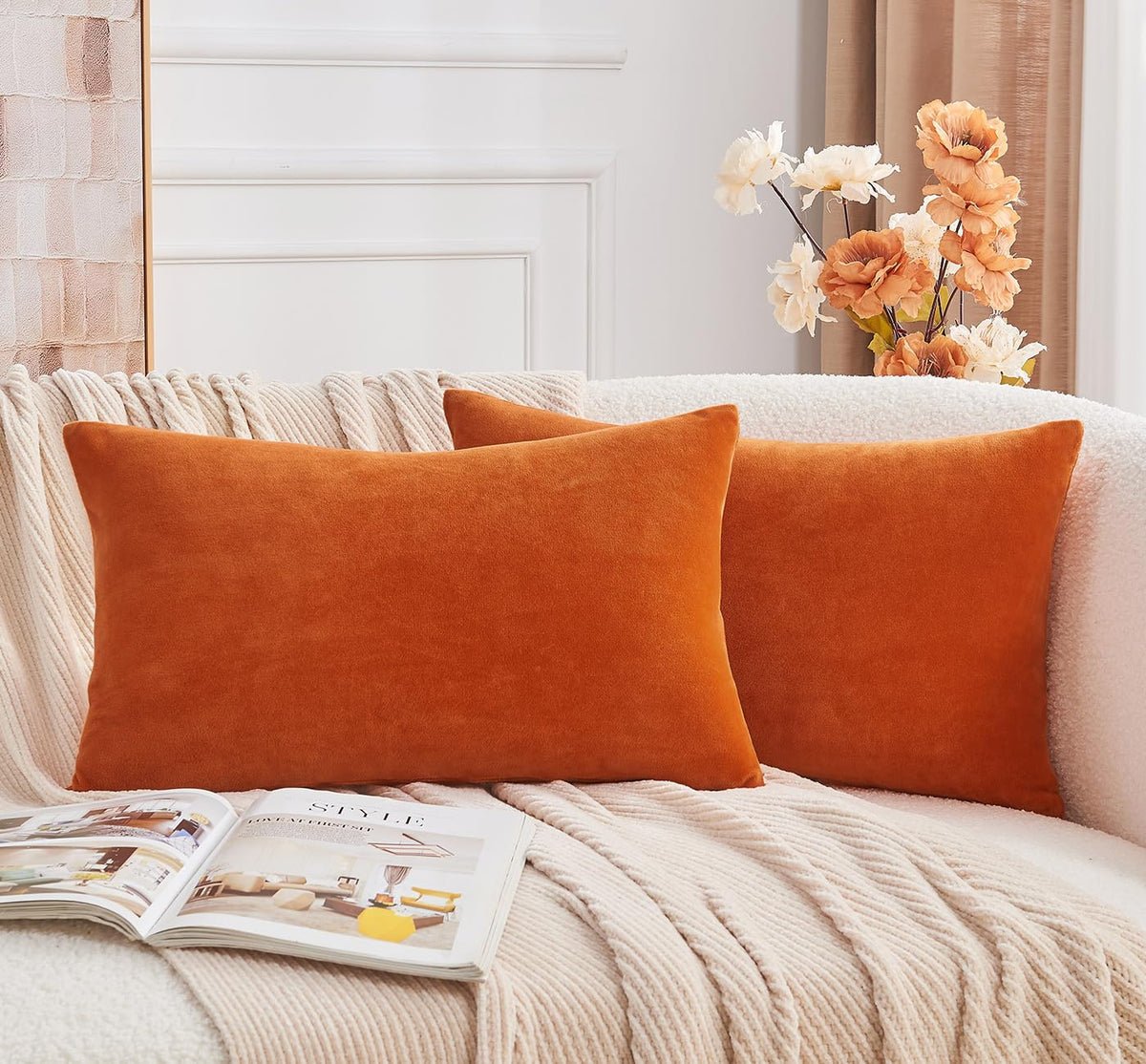 Throw Pillow Covers Rust Set of 2 18x18 Inch Pillow Covers, Soft Velvet Fall Decorative Cases for Couch Sofa Bed, Home Boho Decor, Modern Farmhouse Cushion Covers