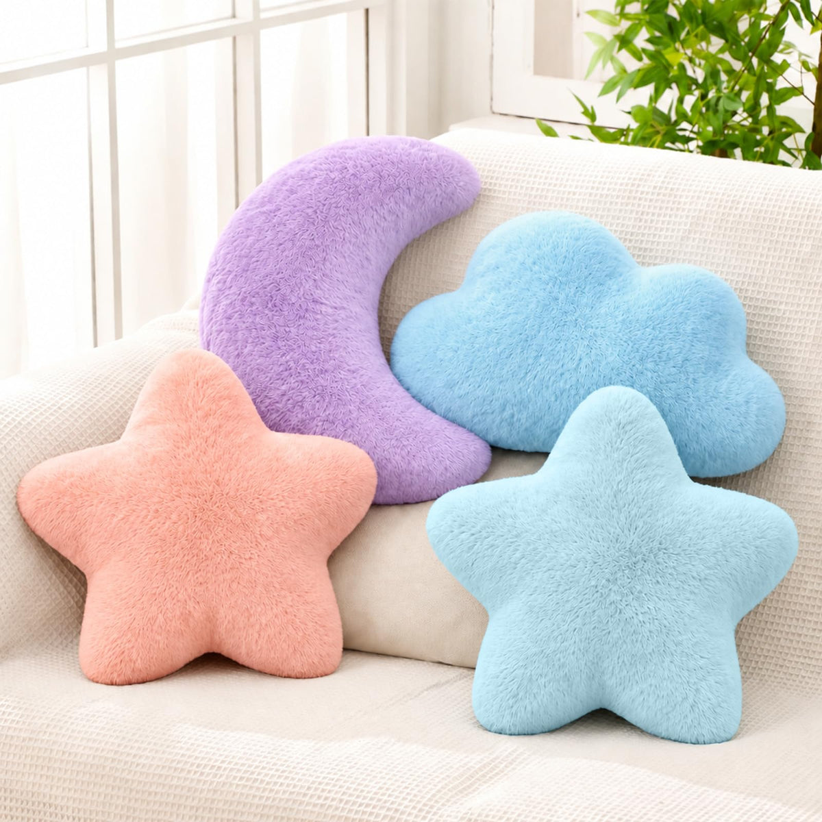 Junkin 4 Pcs Plush Cloud Star Moon Throw Pillow Set, Multicolored