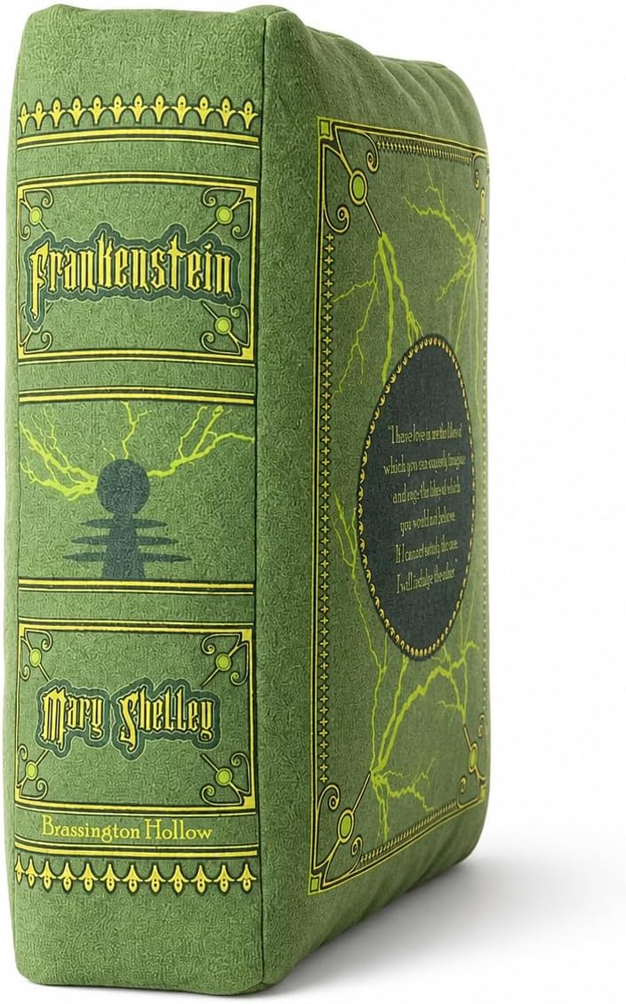 Frankenstein Book Pillow, 9-Inch Openable Memory Foam Throw Pillow, Book-Shaped Plush Cushion with Printed Page, Gothic Halloween Decor for Couch, Bed and Bookshelf, Gift for Horror Fans