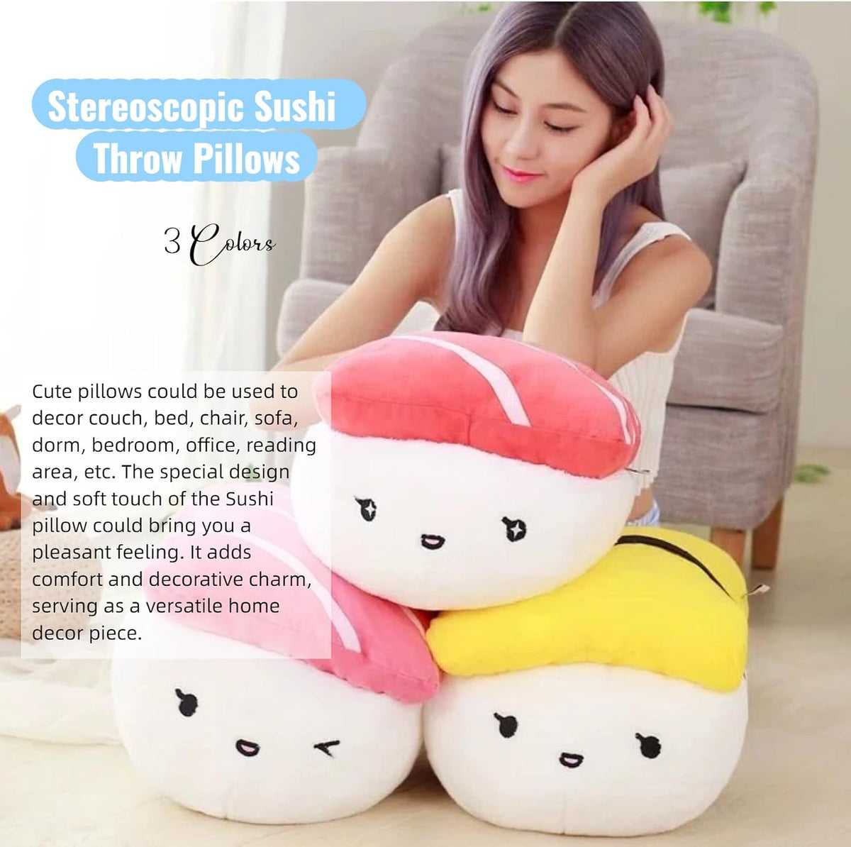 1 Piece Sushi Shaped Plush Throw Pillow Pink Chair Cushion Cute Pillows King Size Couch Pillow Funny Decorative Bed Pillows Fashion Seating Cushions with Bedroom Living Room Decoration (Dark Pink)