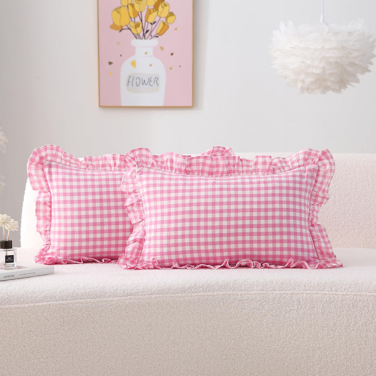 2 Pack Taupe White Gingham Ruffle Throw Pillow Covers 18''x18''