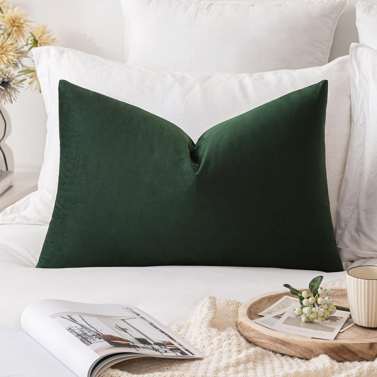 MIULEE 12x20 Inch Lumbar Velvet Christmas Throw Pillow Cover Army Green