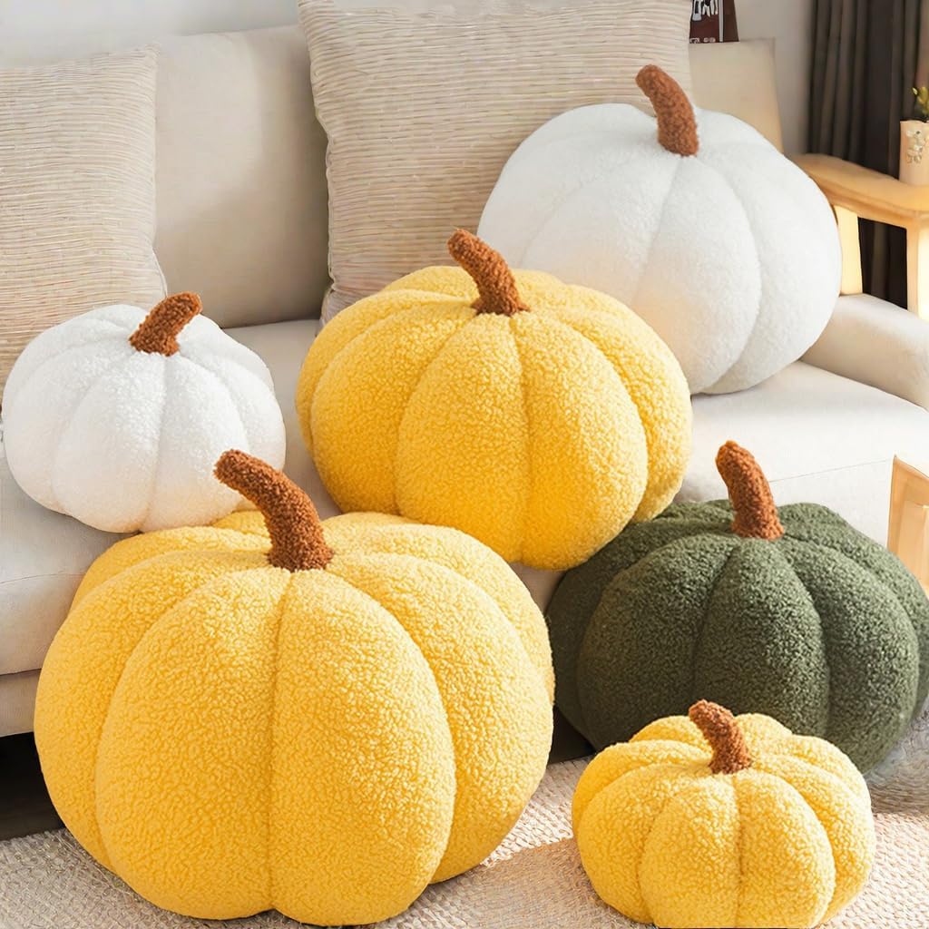 Simulated Pumpkin Pillow, Halloween Pumpkin Throw Pillow Cushion, 3D Pumpkin Shaped Pillow, Fall Decorations Stuffed Pillows for Thanksgiving, Christmas Bedroom Sofa Couch (White, 20CM)