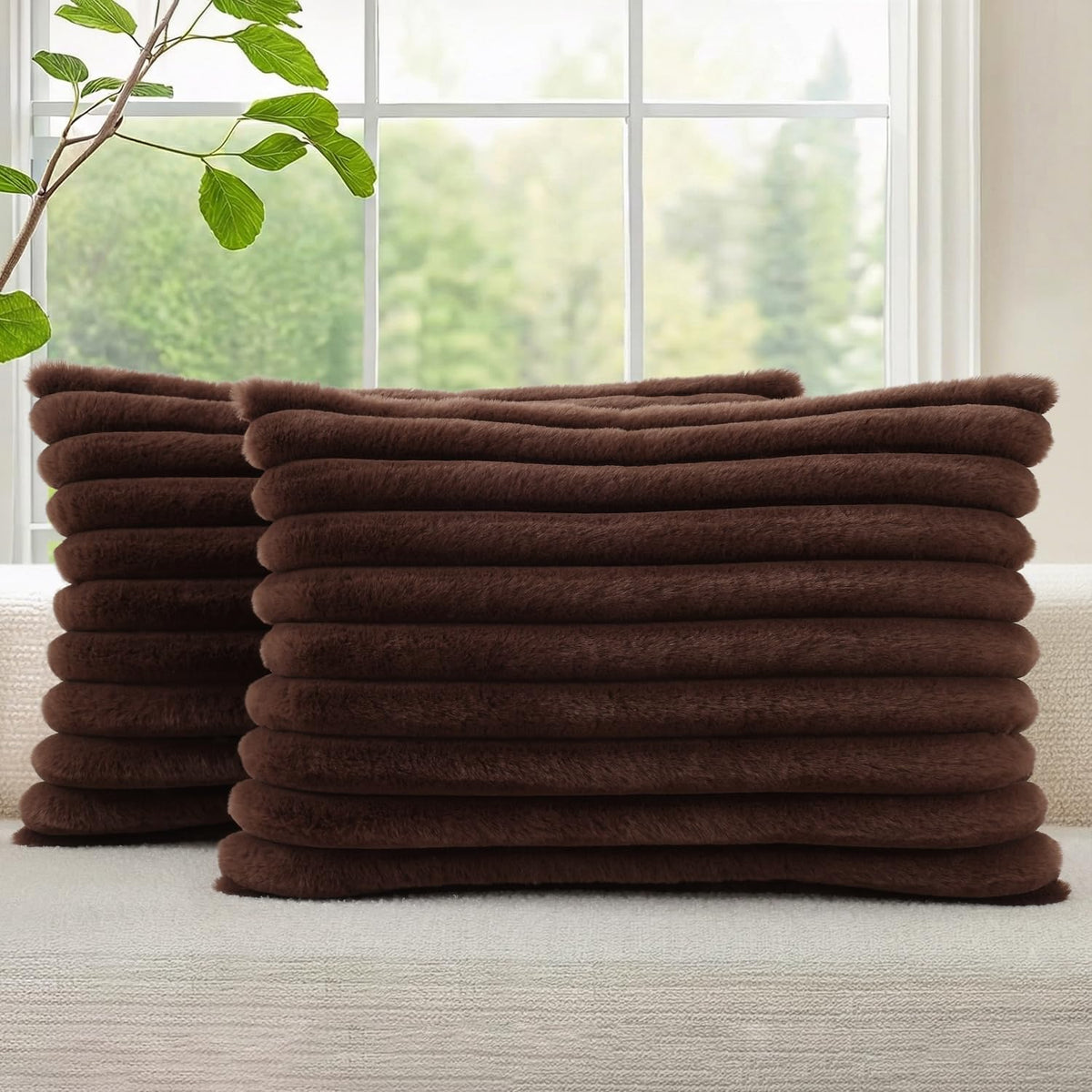 decorUhome Fall Faux Fur Throw Pillow Covers 18x18 Set of 2 Brown White
