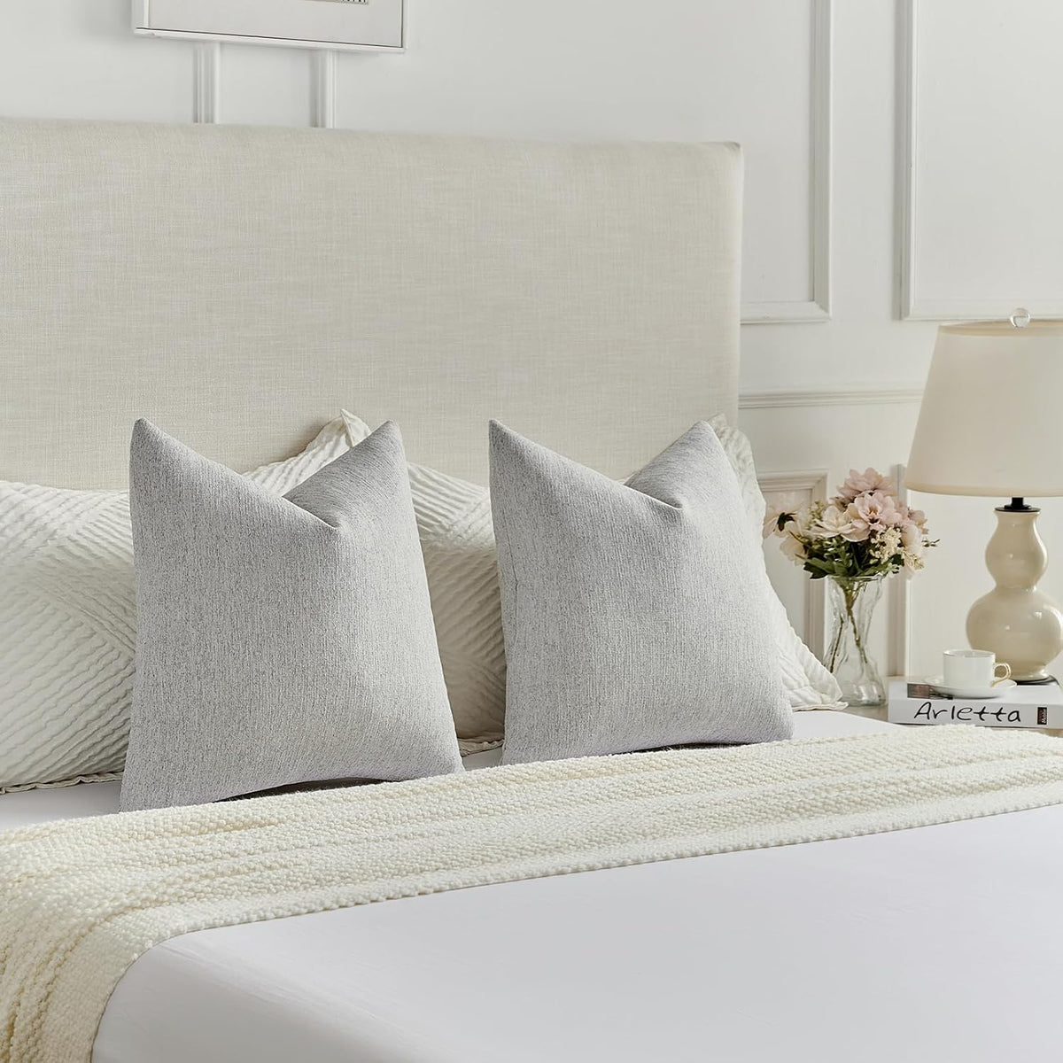 FUTEI Pack of 2 Faux Linen Throw Pillow Covers 18x18 Inch,Light Grey
