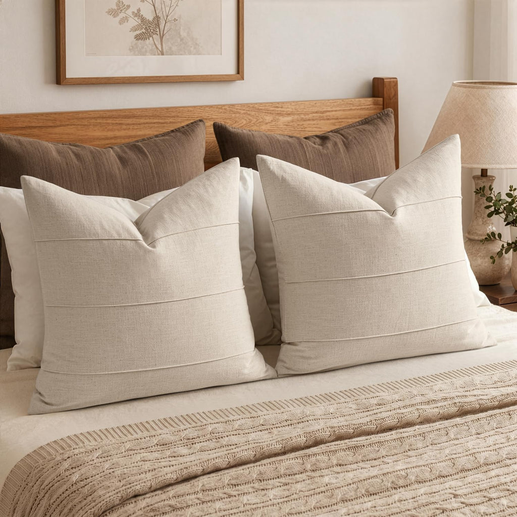 MIULEE Decorative Linen Throw Pillow Covers 18x18 Natural Beige Striped
