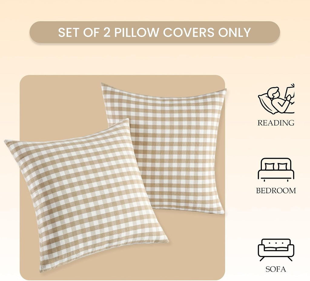 Farmhouse Brown Gingham Checkered Plaid Throw Pillow Covers 20x20 Set of 2
