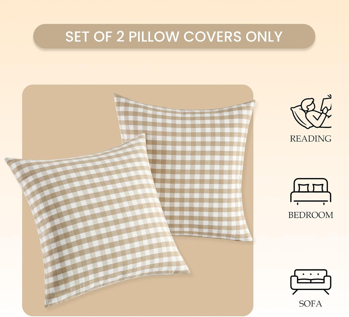 Farmhouse Brown Gingham Checkered Plaid Throw Pillow Covers 20x20 Set of 2