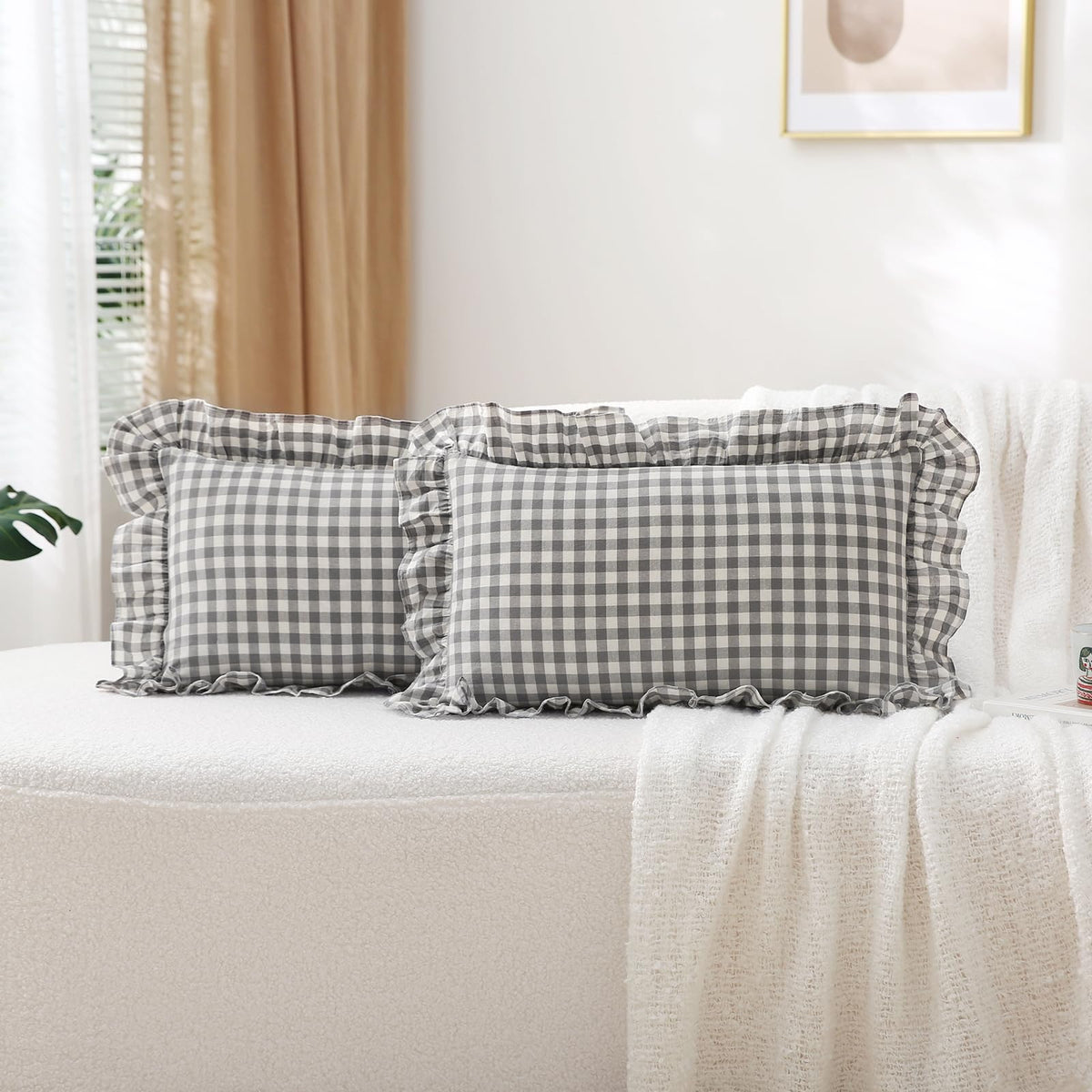 2 Pack Taupe White Gingham Ruffle Throw Pillow Covers 18''x18''
