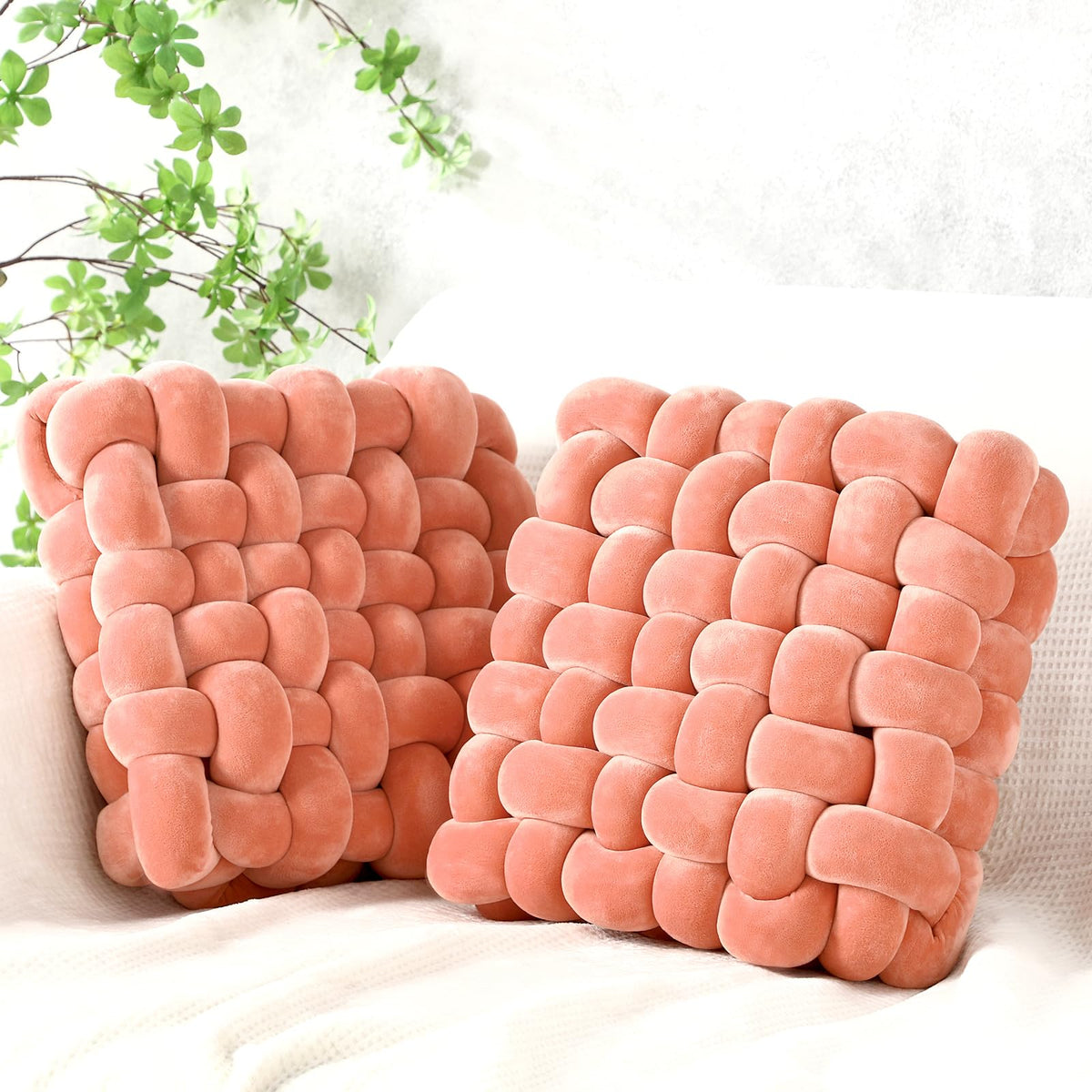 Wenqik 2 Pcs Knot Pillows Square Throw Pillow, Caramel, Crystal Velvet