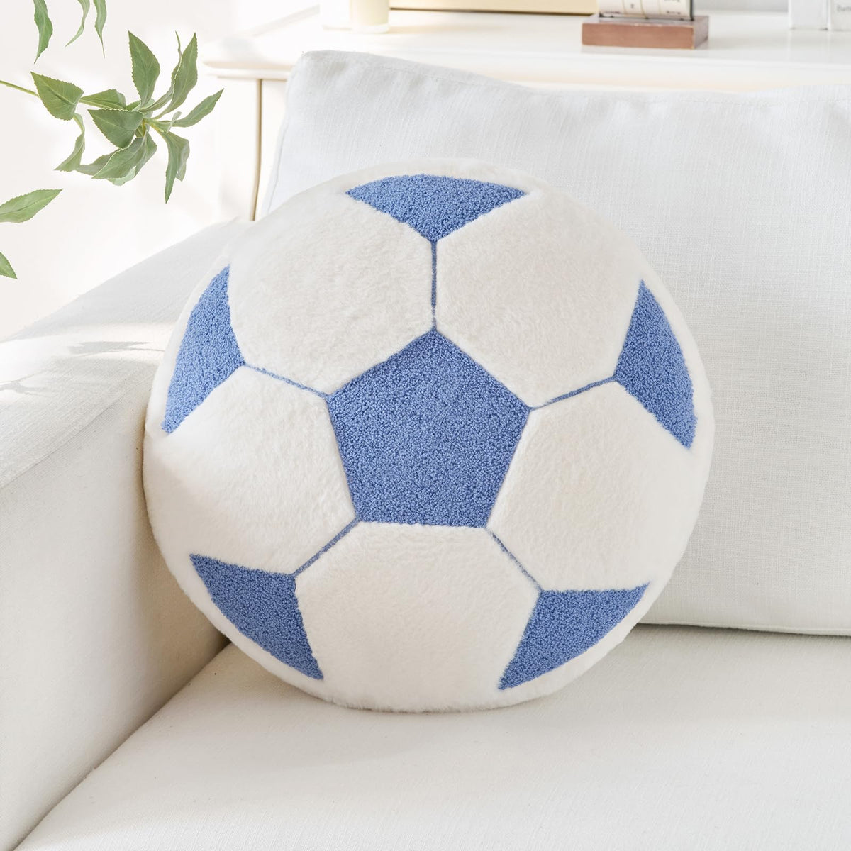Soccer Pillow,12" Soccer Shaped Pillow Floor Cushion Seating Cushion with Faux Rabbit Fur,Round Soccer Throw Pillow Room Décor for Sofa Couch Living Room (Red)