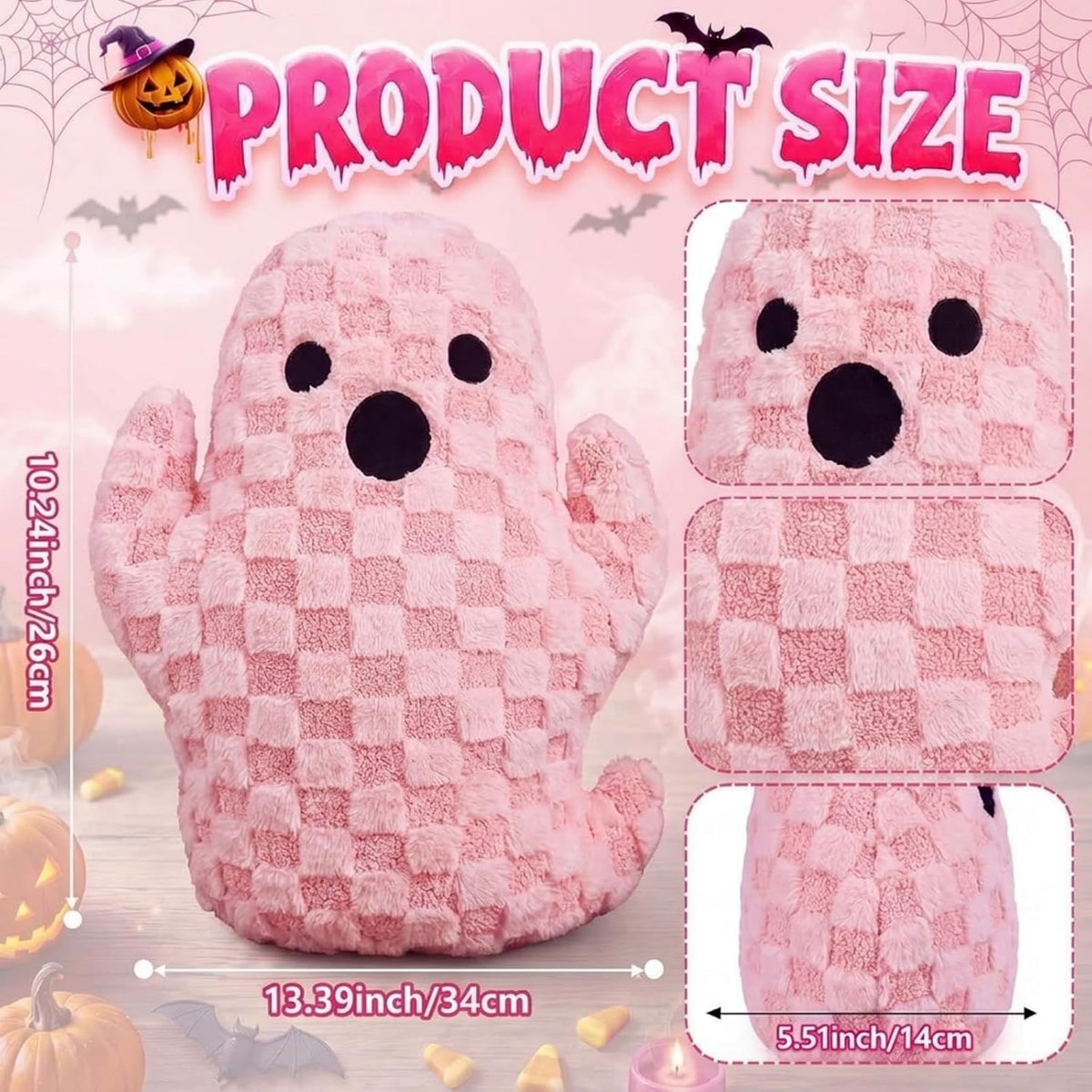 Bucherry Pink Halloween Ghost Throw Pillow Cute Plush Checkered Decor