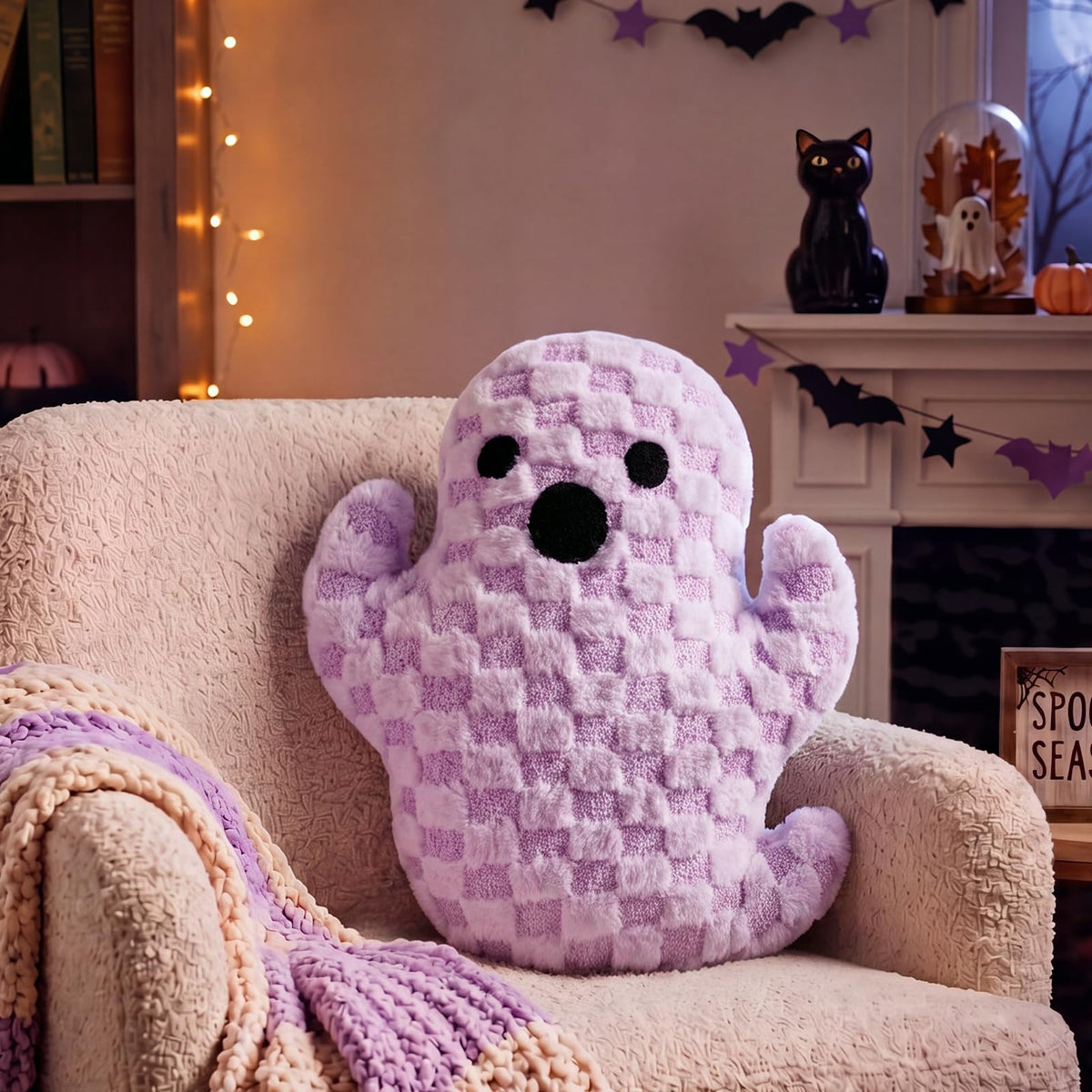 Bucherry Pink Halloween Ghost Throw Pillow Cute Plush Checkered Decor