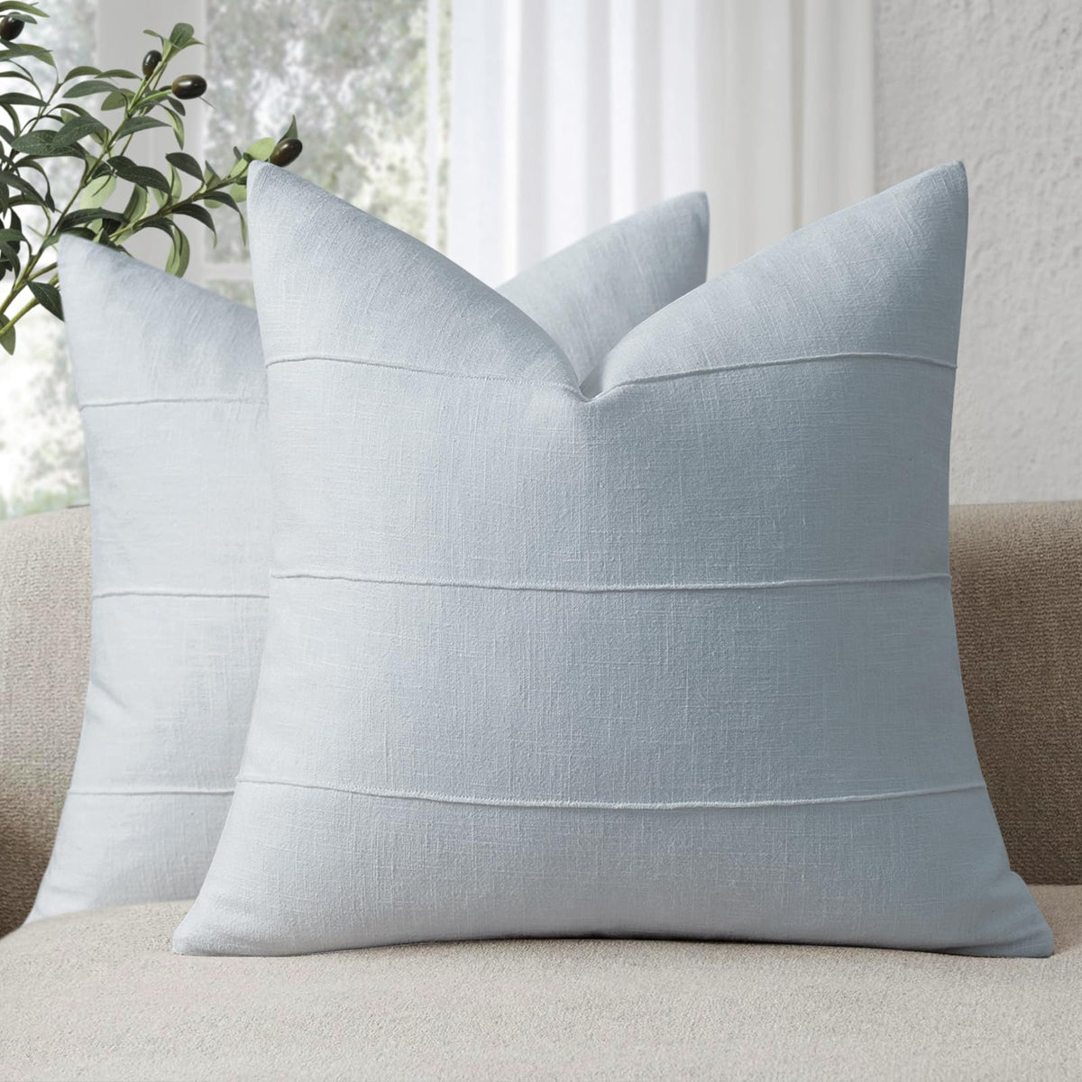 Decorative Linen Throw Pillow Covers 18x18 Set of 2 Solid handcrafted Striped Cushion Covers for Bed Soft Modern Farmhouse Neutral Pillowcase for Couch Bedroom Living Room Home Decor(Cream White)