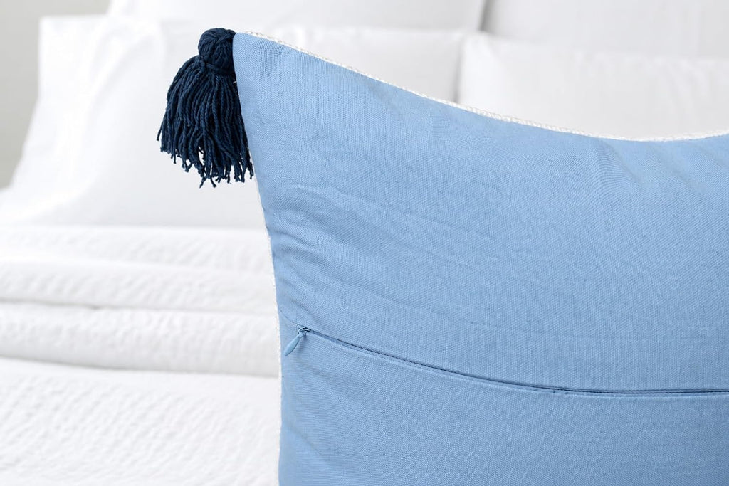 Blue Floral Hand Embroidered 20x20 Pillow Cover, Ivory