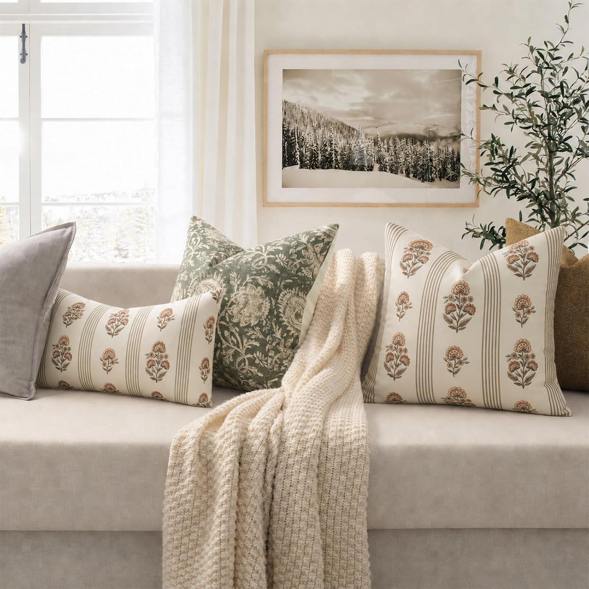 Vintage Throw Pillow Covers 20x20 Set of 2, Striped Floral Fall Pillow Cover Botanical Patterned Decorative Cushion Covers Modern Farmhouse Fall Decor for Sofa Couch Bed Living Room
