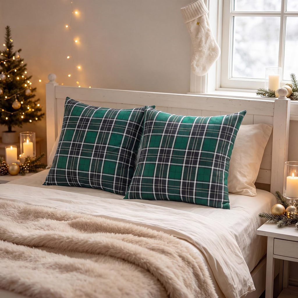 VISIONTEX Christmas Plaid Pillow Covers 18x18 Inch, Green Tartan Set of 2