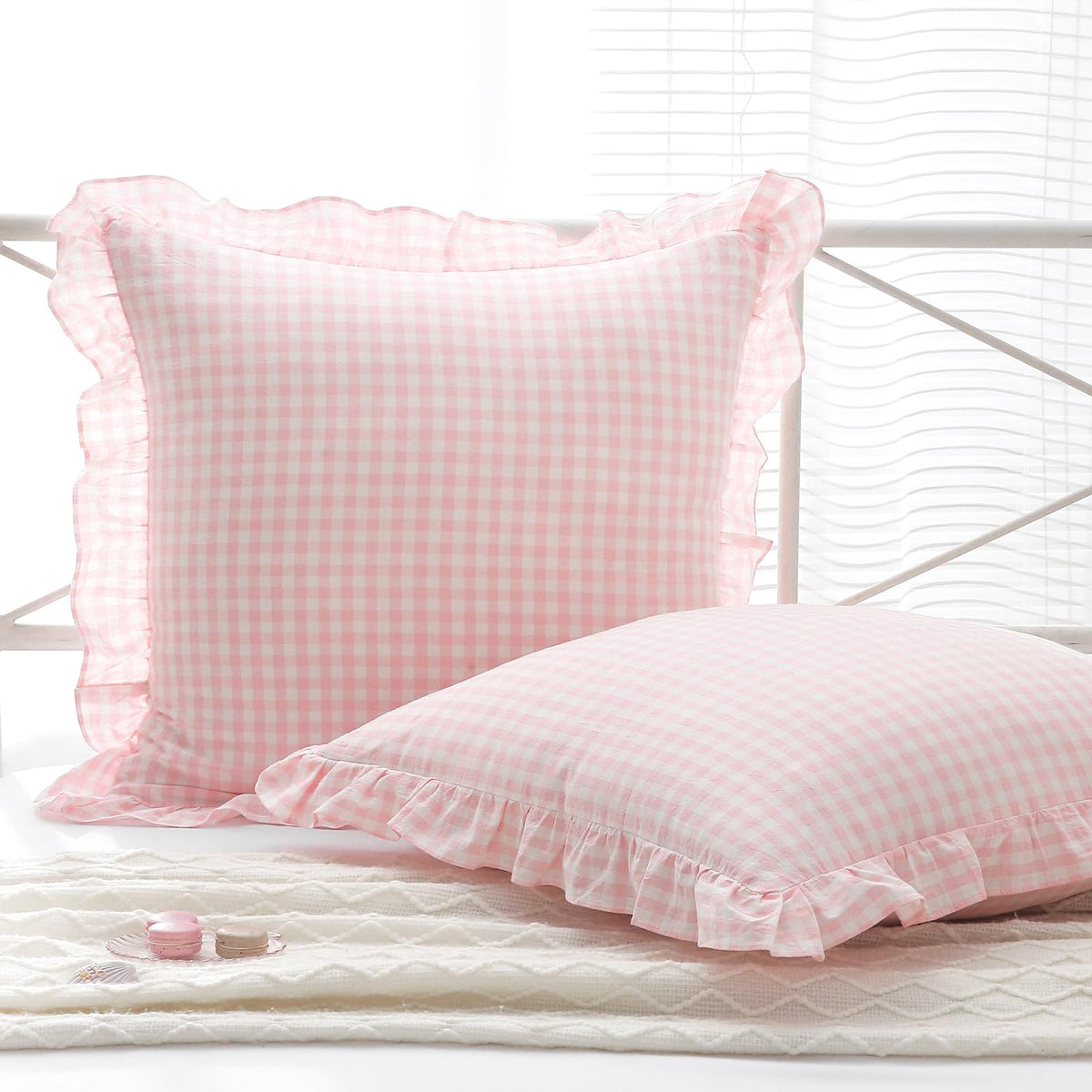 2 Pack Taupe White Gingham Ruffle Throw Pillow Covers 18''x18''