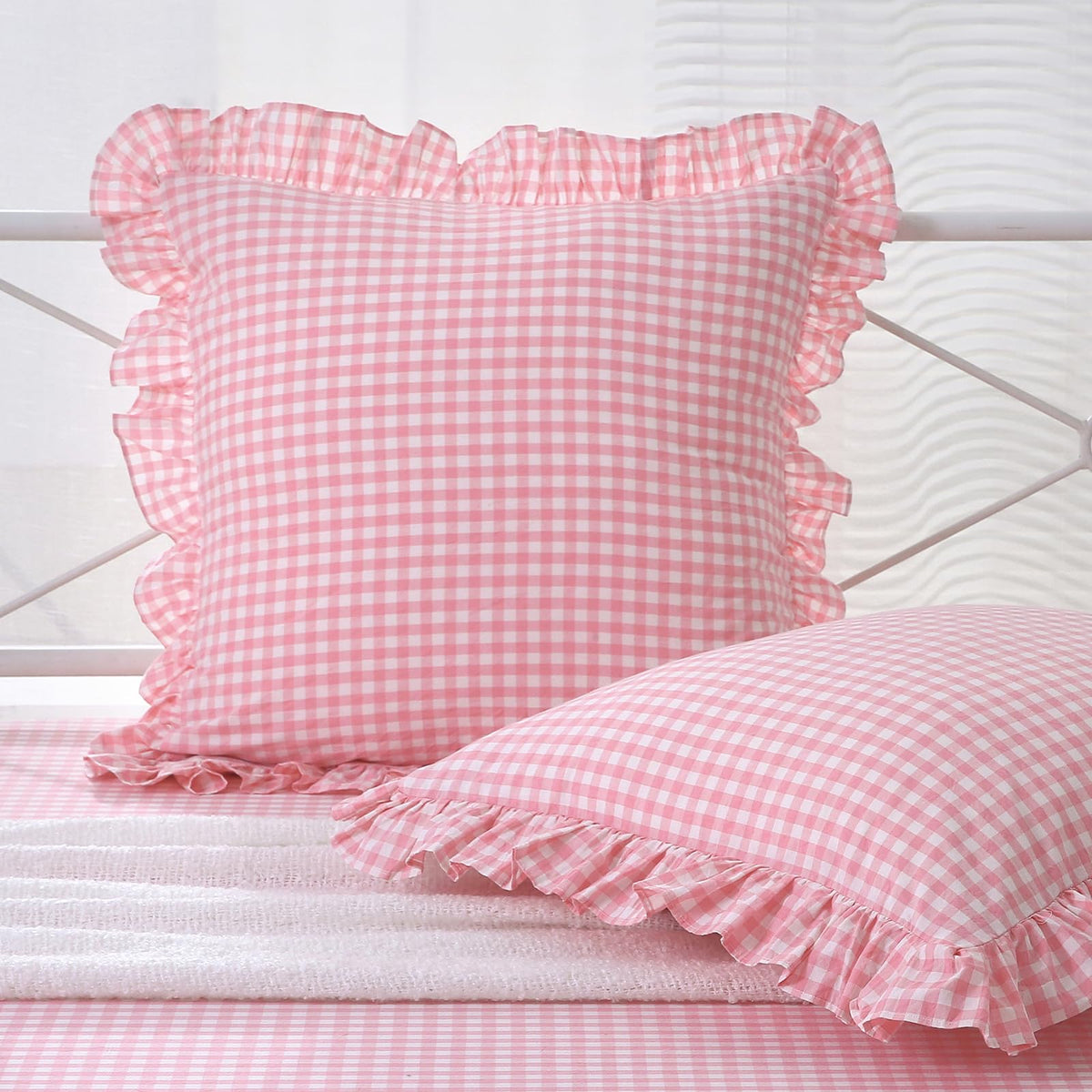 2 Pack Taupe White Gingham Ruffle Throw Pillow Covers 18''x18''