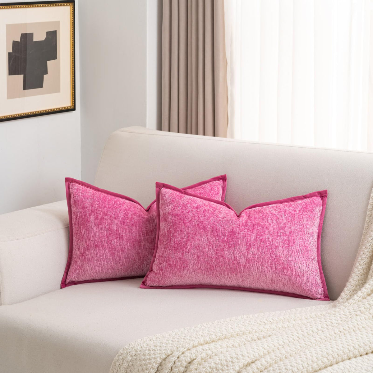 FUTEI Pack of 2 Chenille Soft Throw Pillow Covers 18x18 Inch, Hot Pink