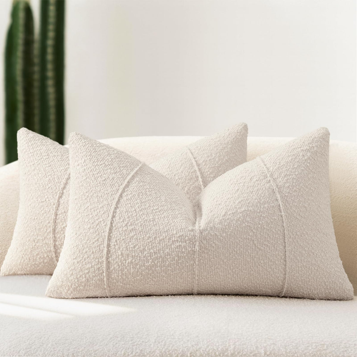 YCOLL Textured Boucle Throw Pillow Covers 20x20 Pack of 2 - Soft Neutral Striped Cushion Covers, Cozy Accent Decorative Pillow Covers for Couch, Sofa, Bed, Living Room (Ivory)