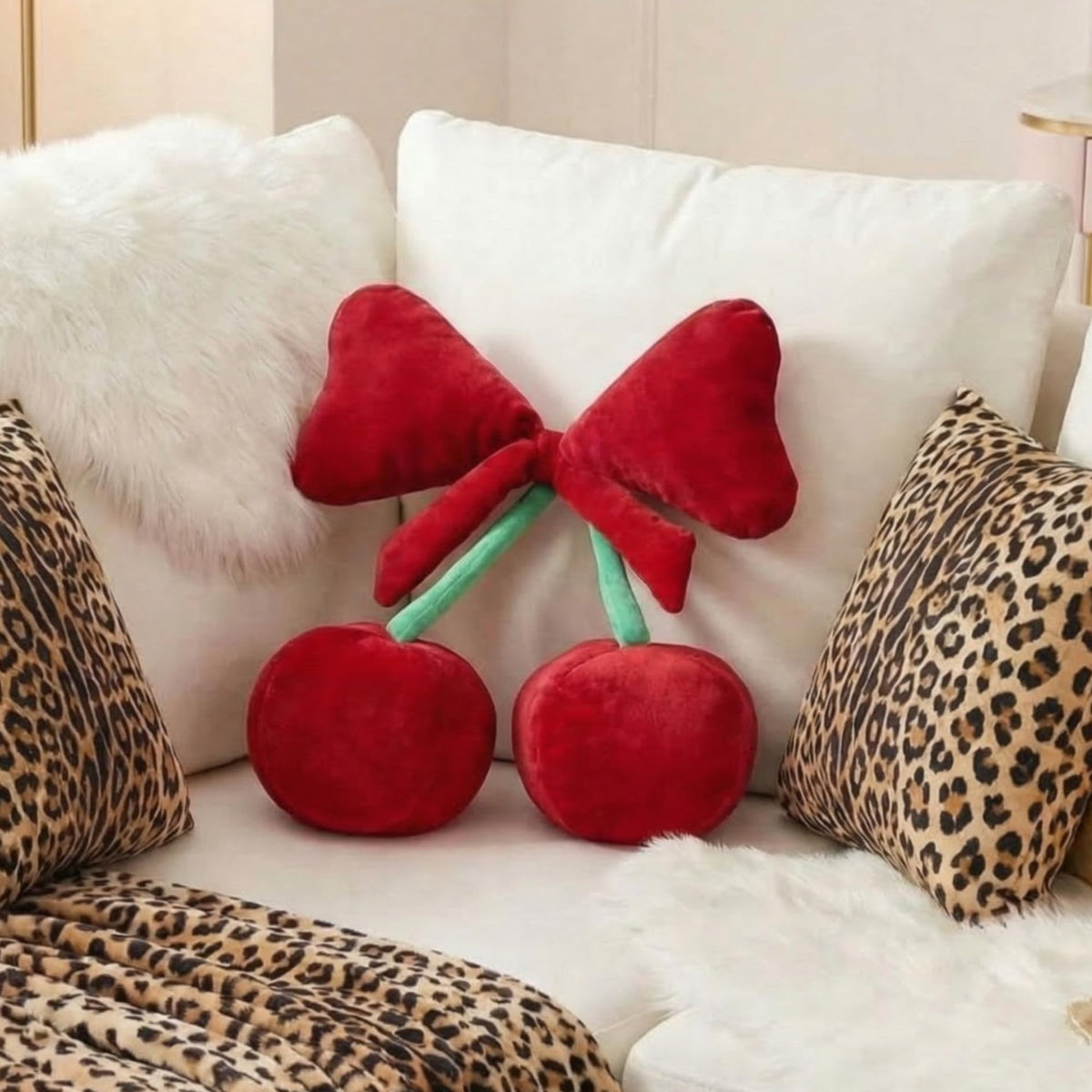 Beeveer Bow Cherry Throw Pillow Preppy Room Decor, Pink, Small