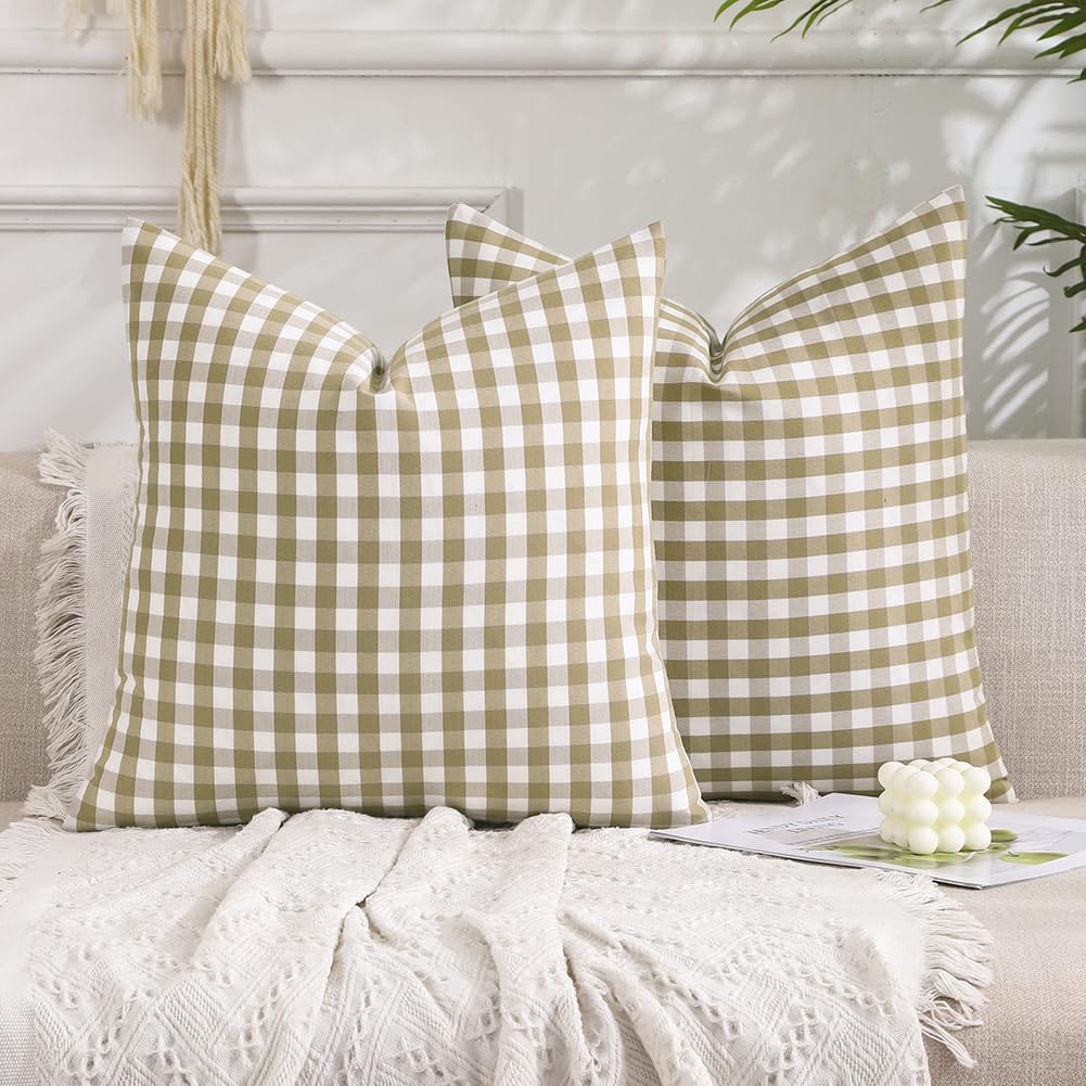 Farmhouse Brown Gingham Checkered Plaid Throw Pillow Covers 20x20 Set of 2