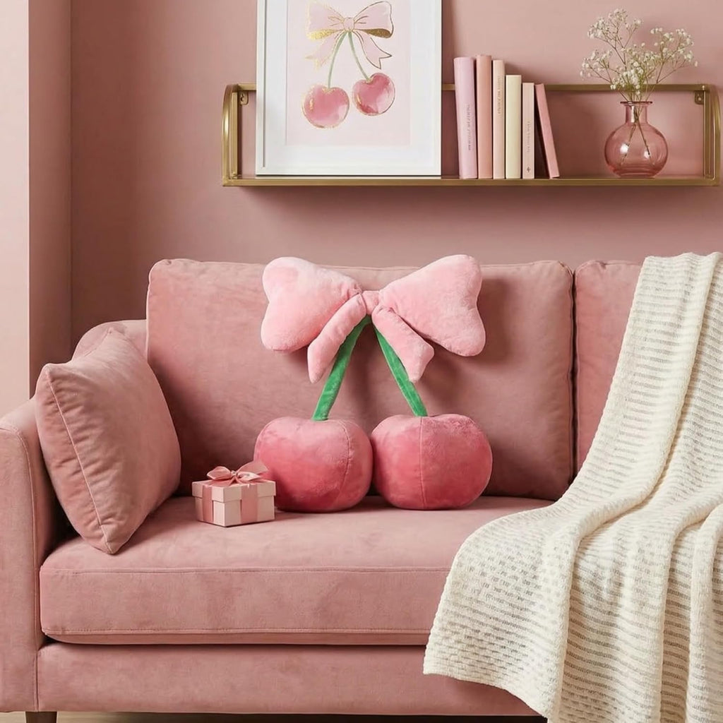 Beeveer Bow Cherry Throw Pillow Preppy Room Decor, Pink, Small