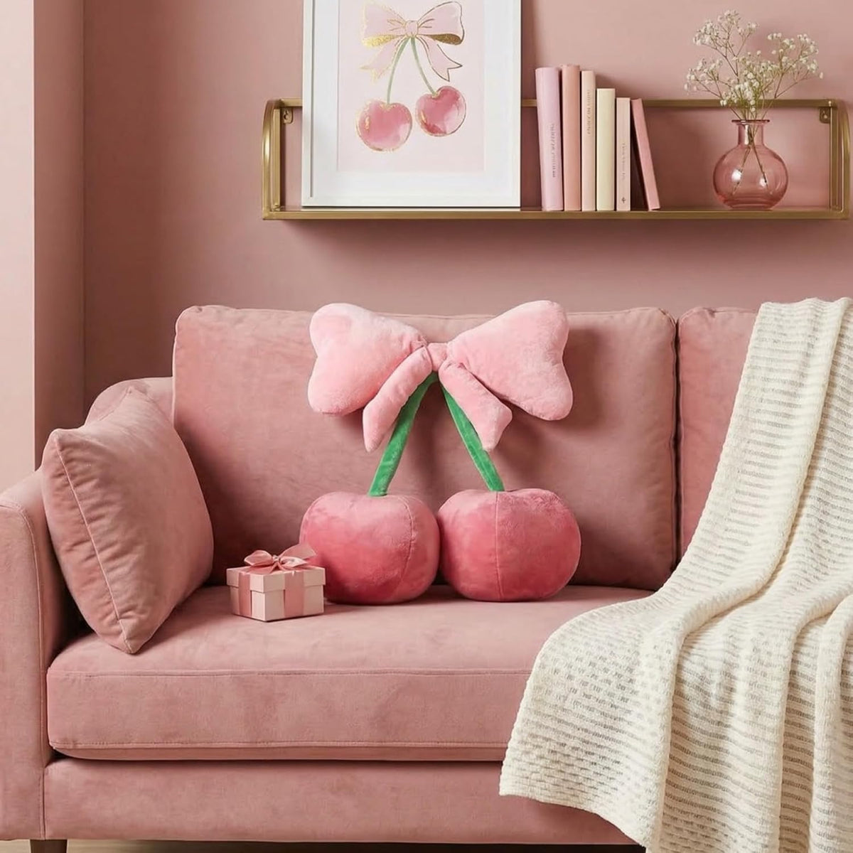 Beeveer Bow Cherry Throw Pillow Preppy Room Decor, Pink, Small