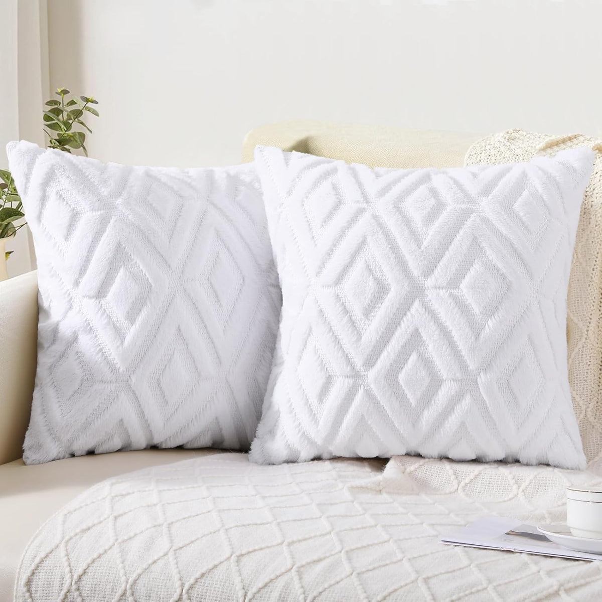Pallene Fall Cream White Faux Fur Throw Pillow Covers 18x18 Set of 2