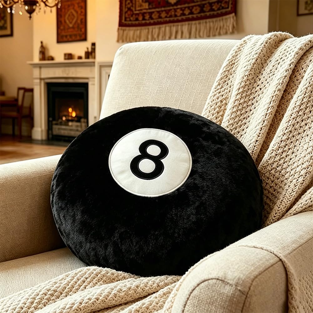 Black 8 Ball Pillow,14 inch 8 Ball Throw Pillow Soft Faux Fur Round Decorative Cushion Hugging Pillow for Home Bed, Sofa, Couch, Bedroom & Living Room