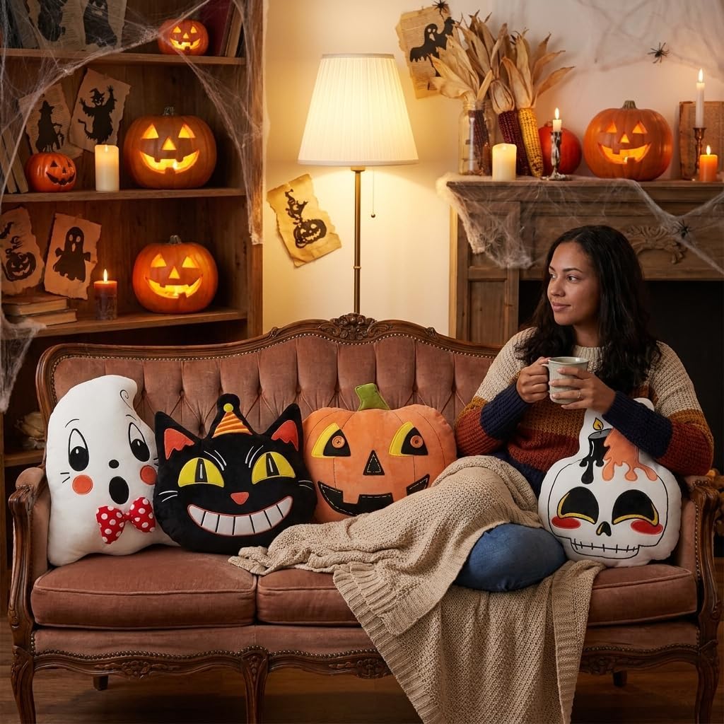 4Pcs Halloween Pillows Skeleton Ghost Black Cat Vintage Retro Traditional 90S Primitive Mummy Throw Pillows Sofa Bedroom Indoor Home Decor