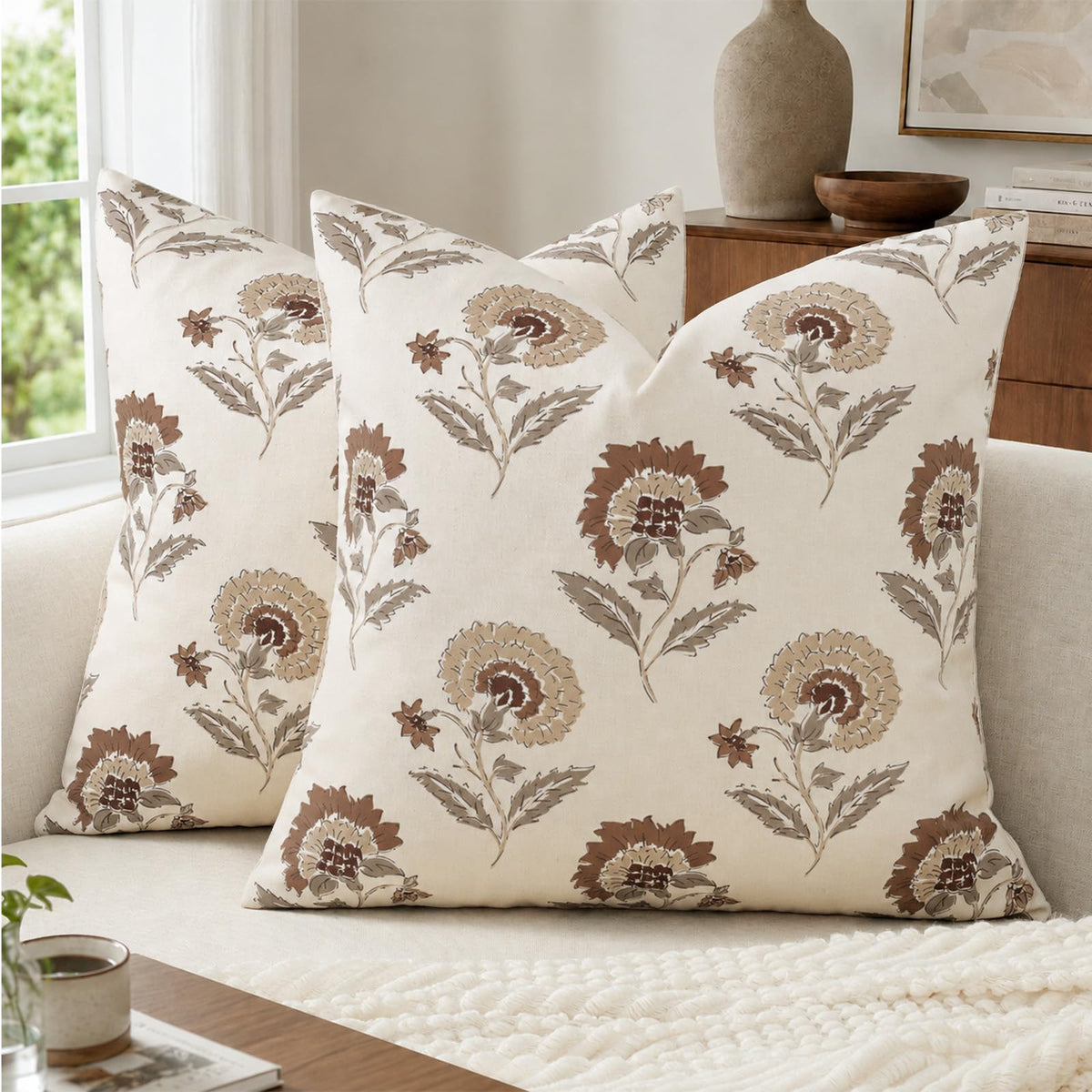 Vintage Throw Pillow Covers 20x20 Set of 2, Cotton Floral Pillow Cover Botanical Patterned Decorative Cushion Covers Modern Farmhouse Home Decor for Sofa Couch Bed Living Room, Blush Meadow