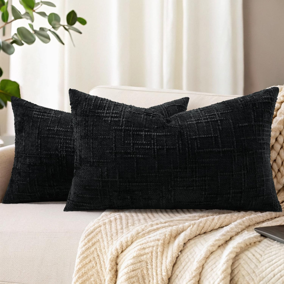 decorUhome Textured Chenille Throw Pillow Covers 18x18 Set of 2 Ivory