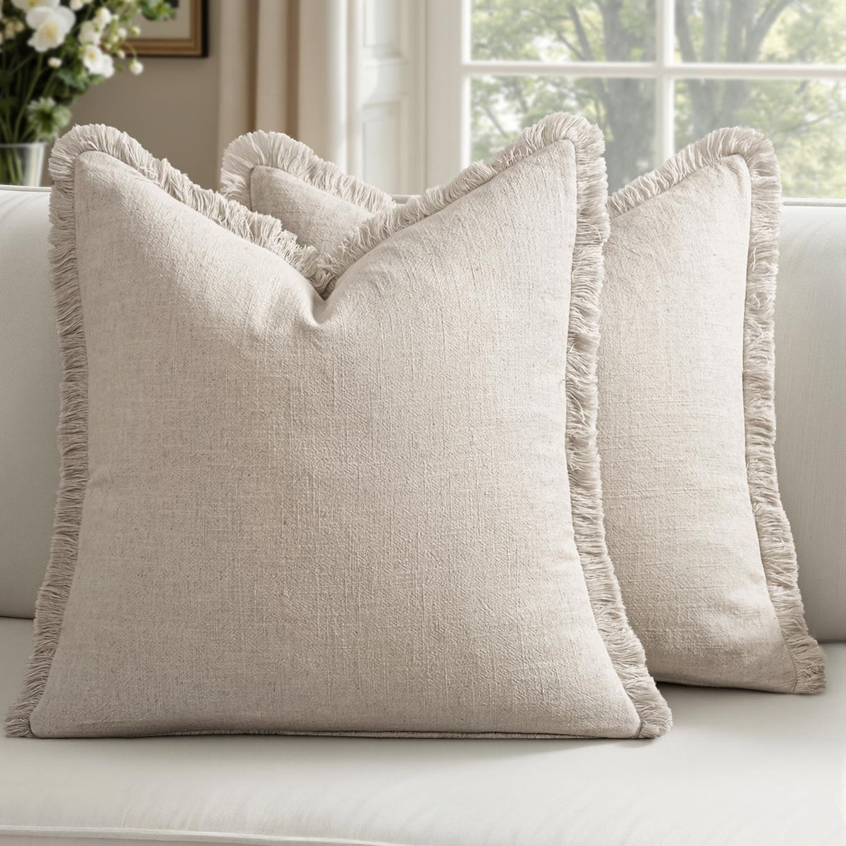 Linen Fringe Throw Pillow Covers 20x20 Inch Set of 2,Navy Blue