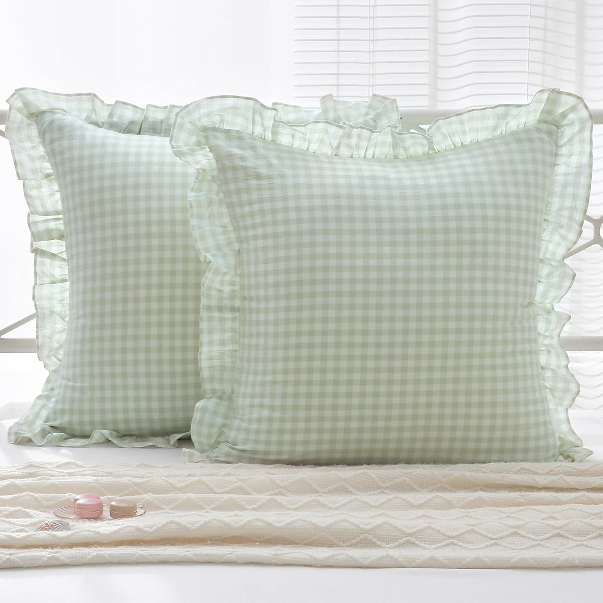 2 Pack Taupe White Gingham Ruffle Throw Pillow Covers 18''x18''