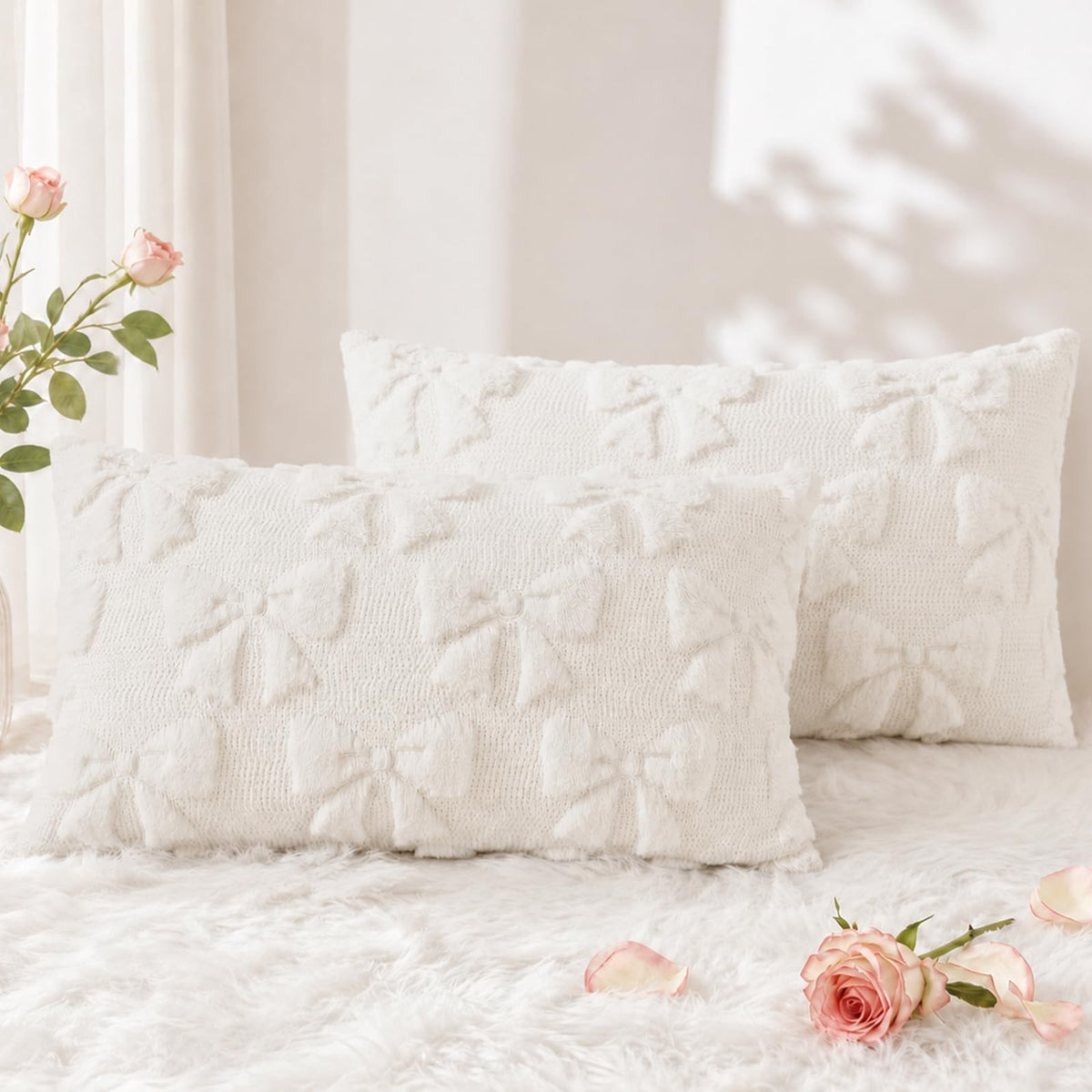 decorUhome Beige Bow Cute Girl Faux Fur Throw Pillow Covers 18x18 Set of 2