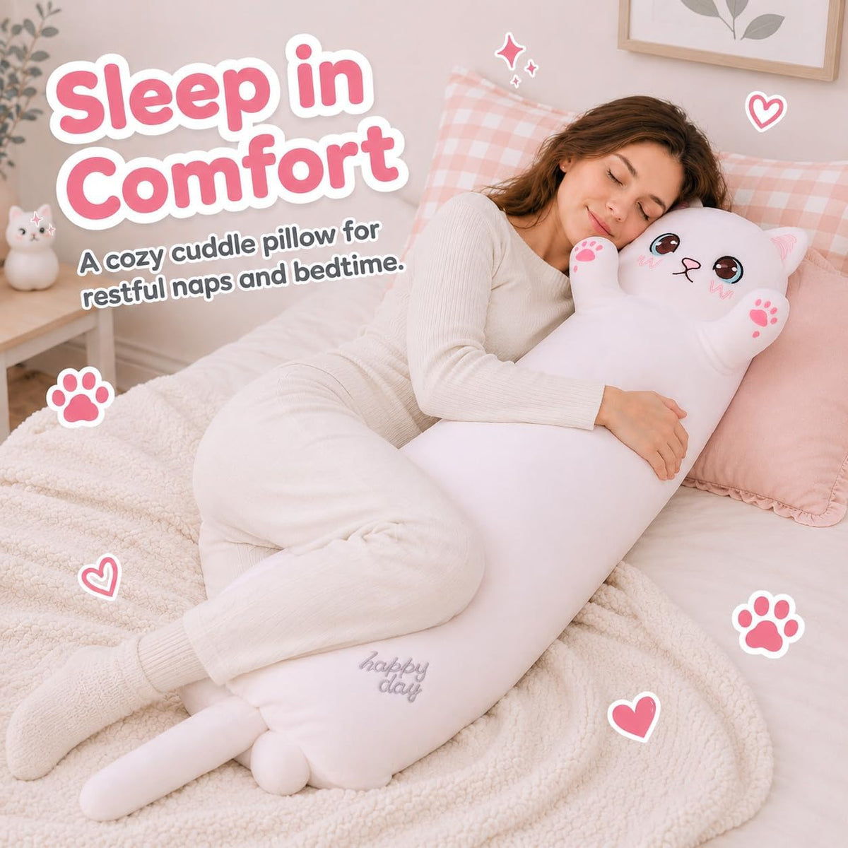 Cat Soft Plush Pillow Cute Cat Plush, Long Stuffed Cat Toy Kitten Gift for Kids Girlfriend(50CM,White)