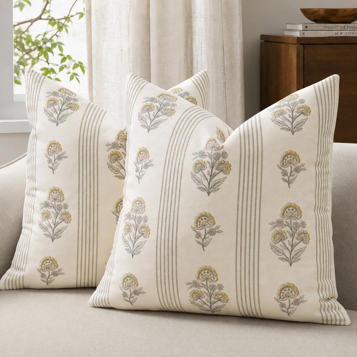 Vintage Throw Pillow Covers 20x20 Set of 2, Striped Floral Fall Pillow Cover Botanical Patterned Decorative Cushion Covers Modern Farmhouse Fall Decor for Sofa Couch Bed Living Room
