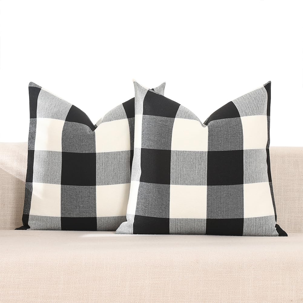 Brown Plaid Farmhouse Checkered Throw Pillow Cover 20x20 for Bed Couch Sofa