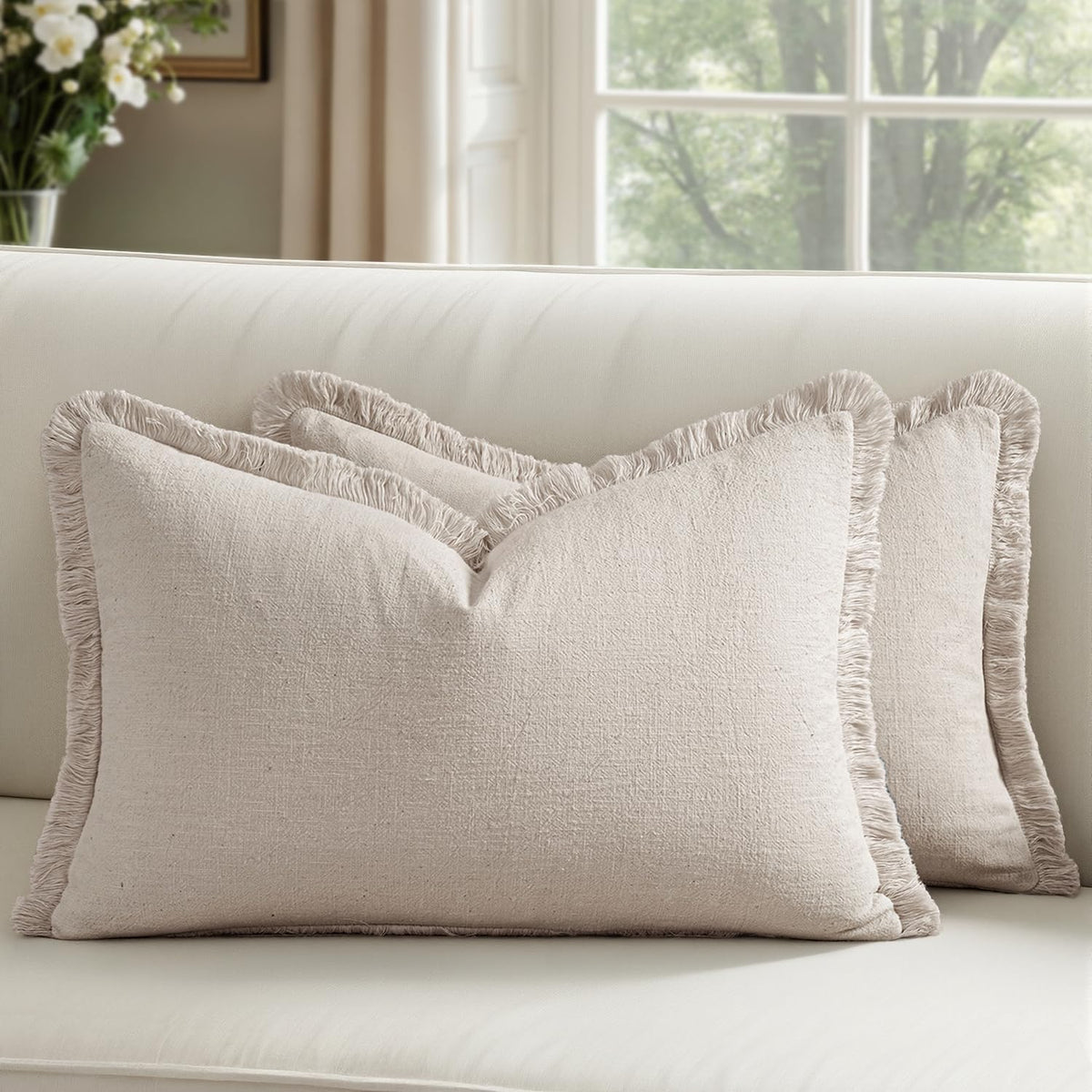 Linen Fringe Throw Pillow Covers 20x20 Inch Set of 2,Navy Blue
