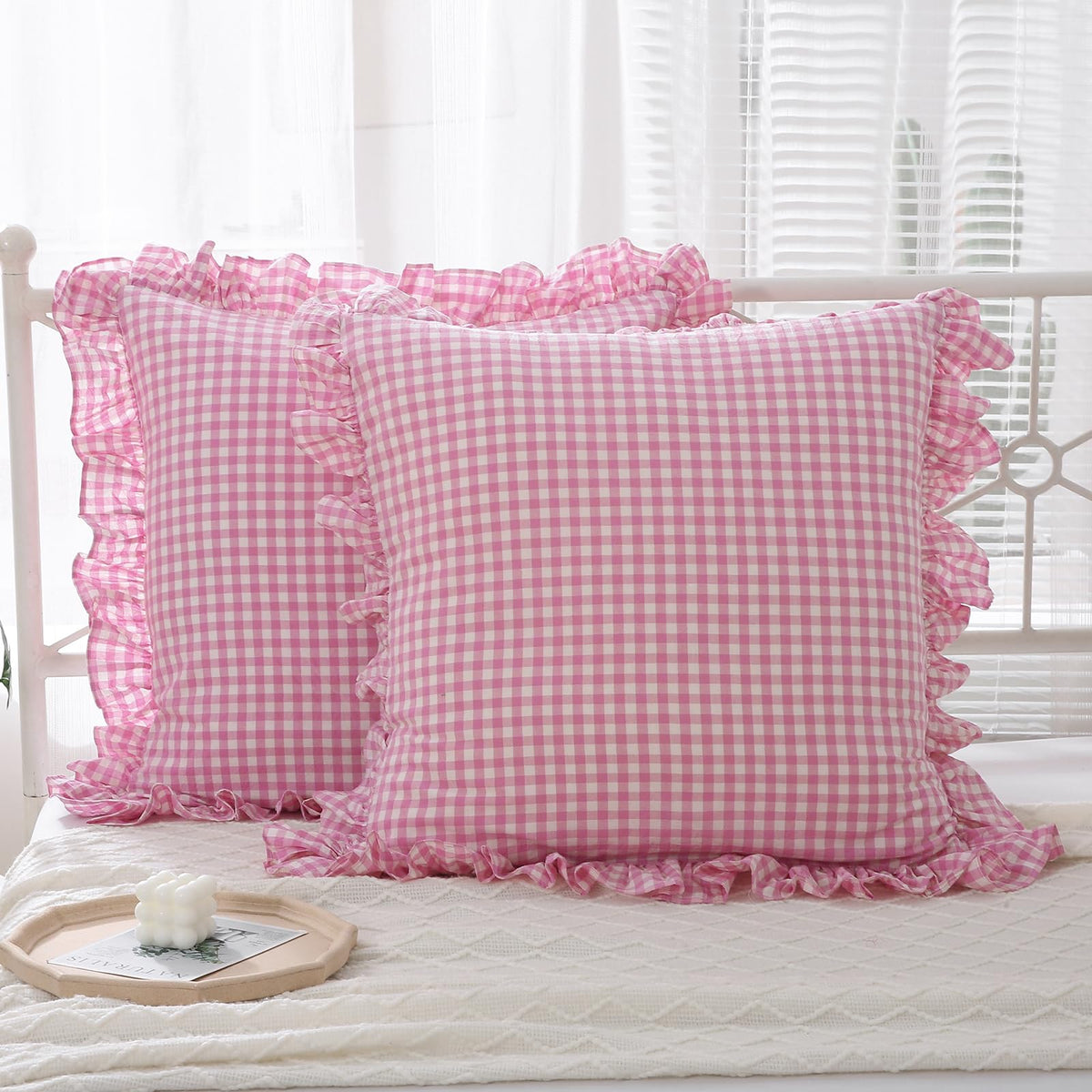 2 Pack Taupe White Gingham Ruffle Throw Pillow Covers 18''x18''