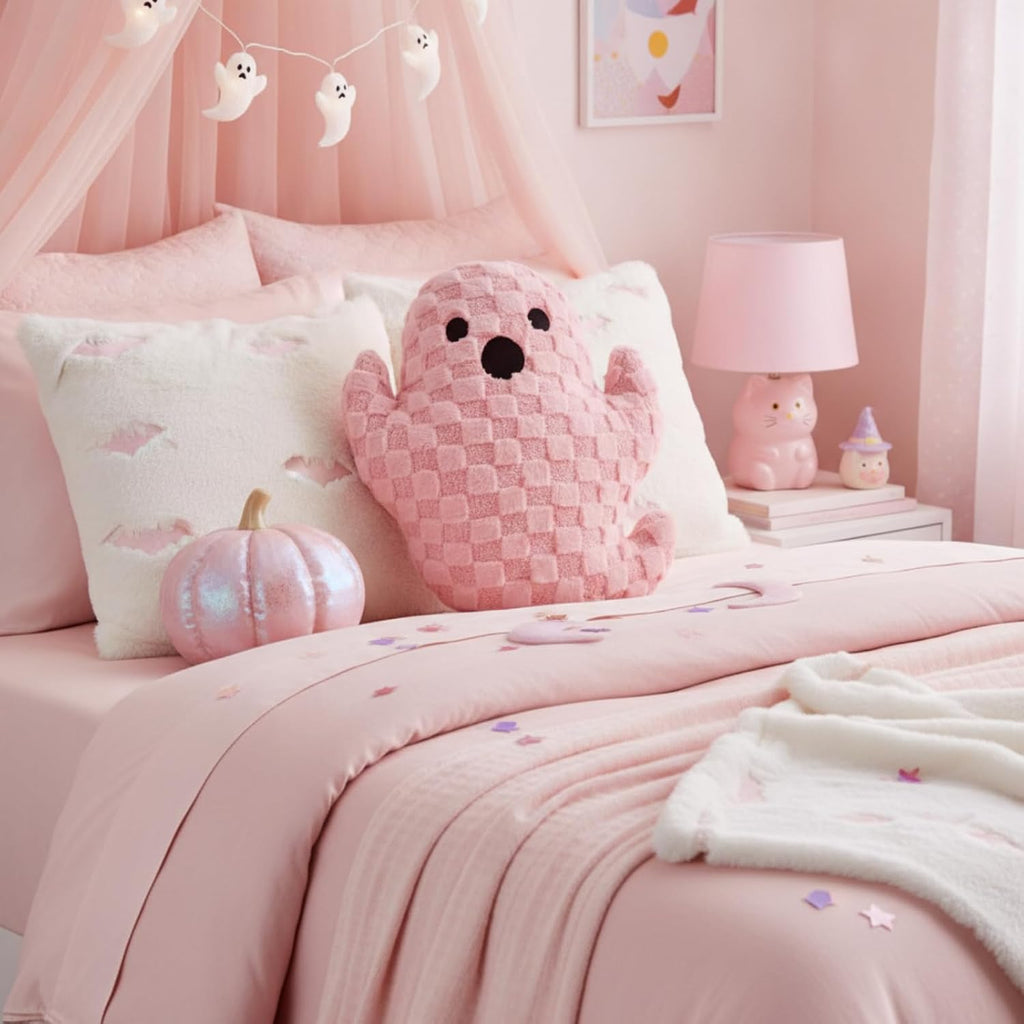 Bucherry Pink Halloween Ghost Throw Pillow Cute Plush Checkered Decor
