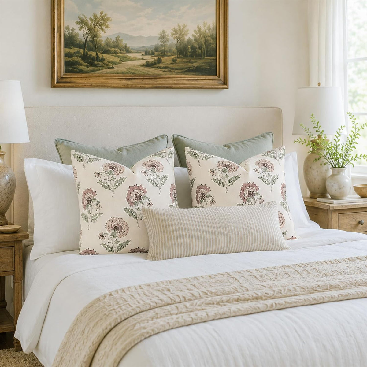 Vintage Throw Pillow Covers 20x20 Set of 2, Cotton Floral Pillow Cover Botanical Patterned Decorative Cushion Covers Modern Farmhouse Home Decor for Sofa Couch Bed Living Room, Blush Meadow